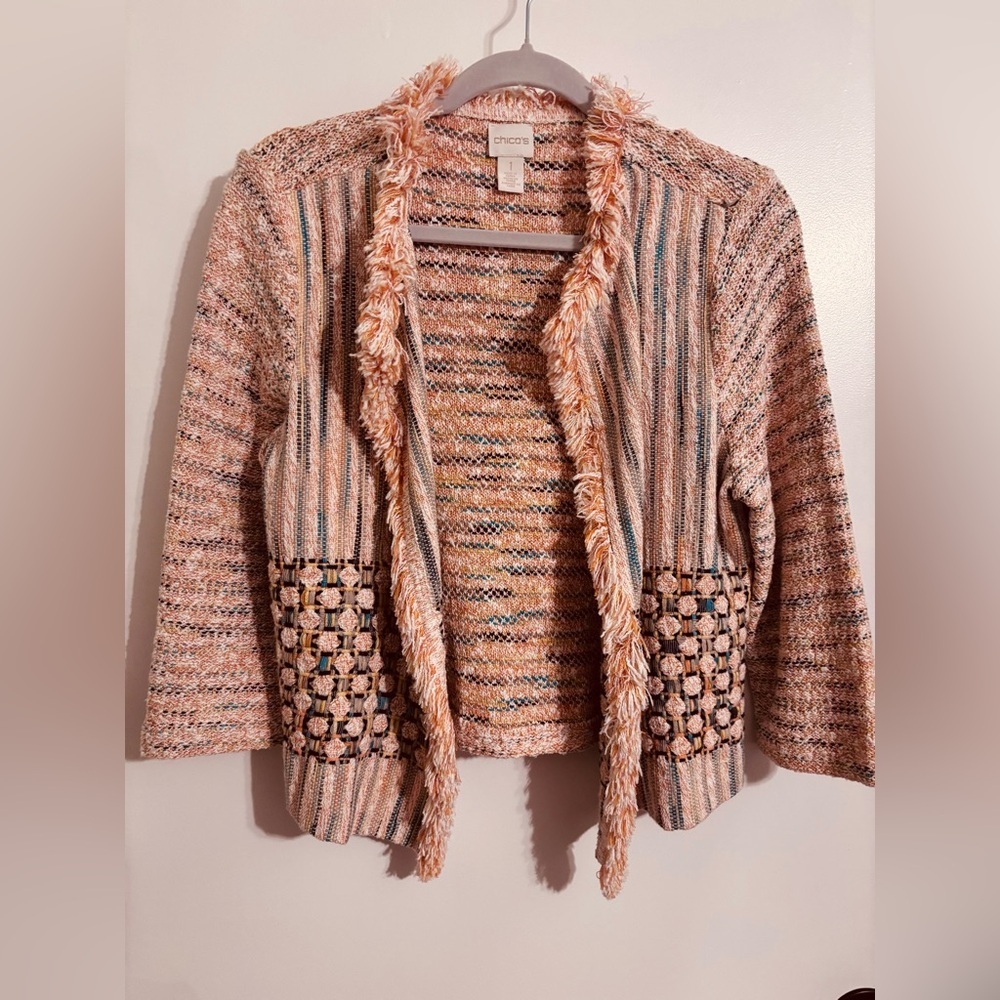 Chico's Peach & Teal Fringe Knit Cardigan